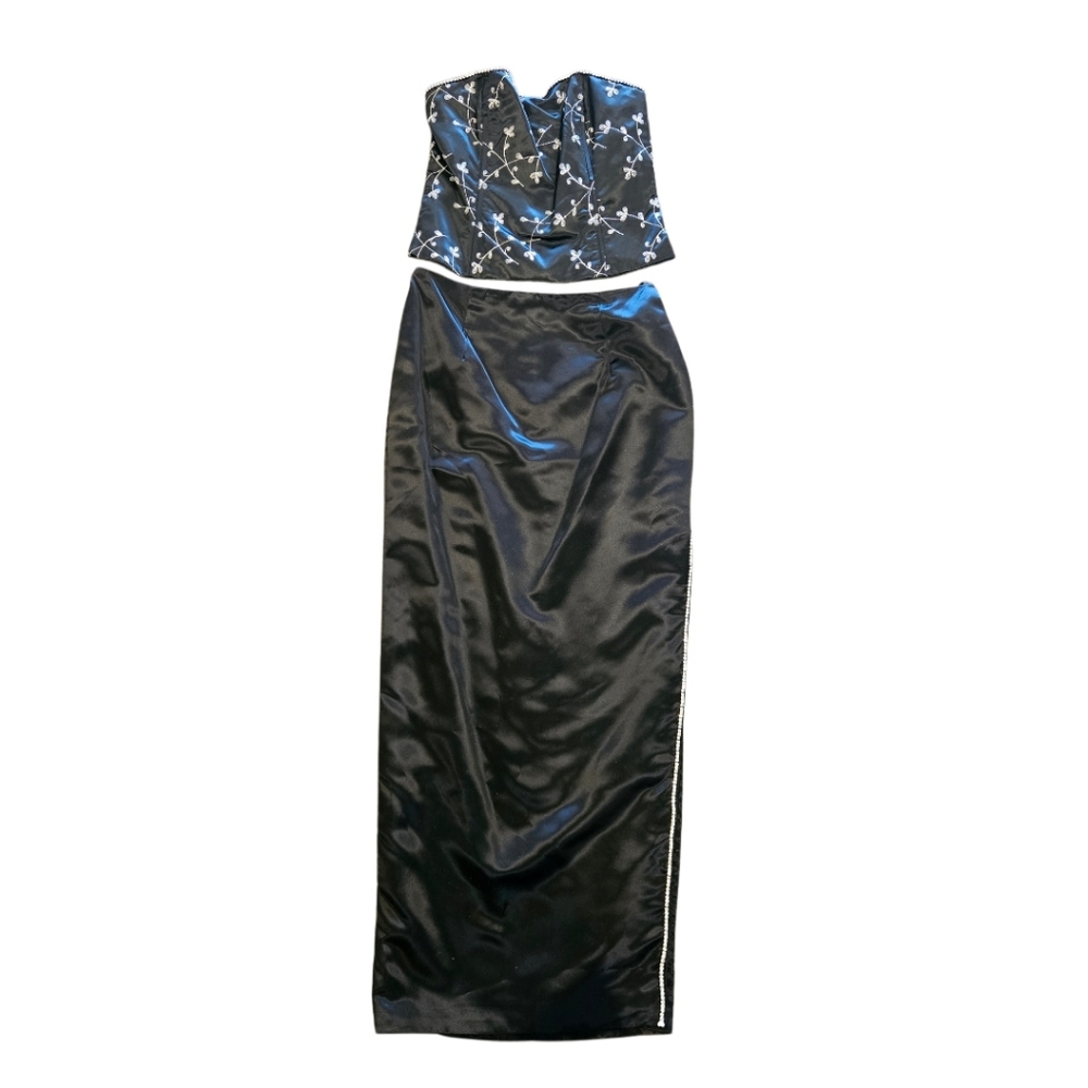 Jessic McClintock Corset 2 Piece Formal Black Satin Size 9 Vintage